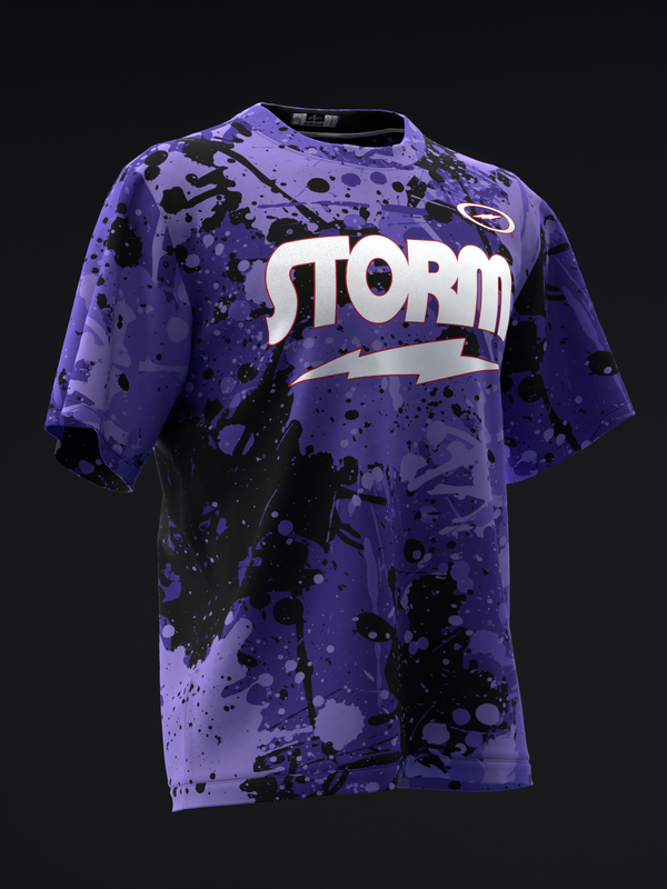 Purple and black splatter pattern bowling jersey with white Storm text and logo