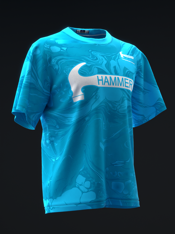 Bright blue bowling jersey with hammer graphic and text on front