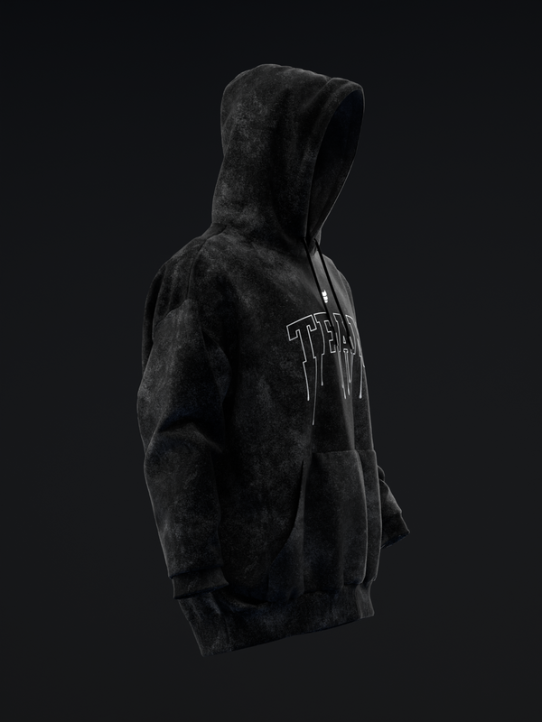 Black distressed pullover hoodie with outlined text graphic, side view