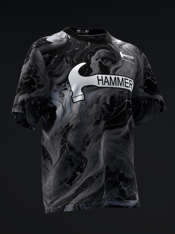 Black and white marbled bowling jersey with Hammer logo on front chest