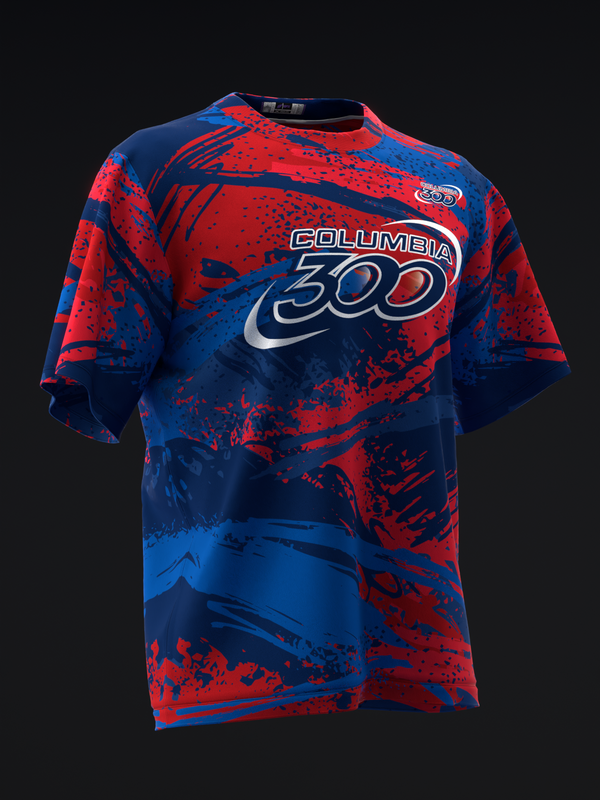 Red and blue bowling jersey with Columbia 300 splatter graphic, front view