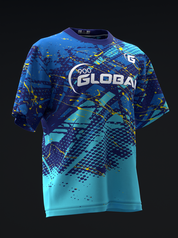 Blue bowling jersey with turquoise lower half and abstract splatter graphic design, front view