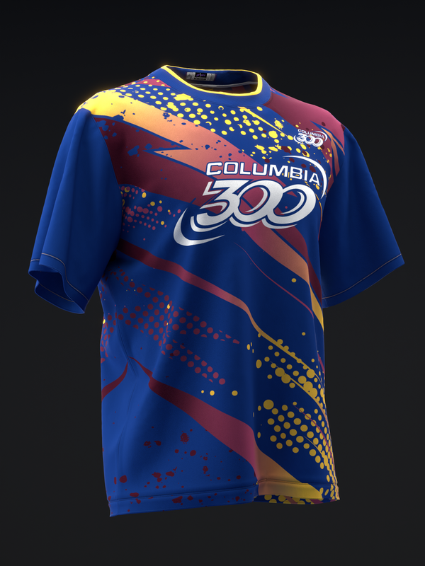 Blue bowling jersey with Columbia 300 logo and colorful geometric design details