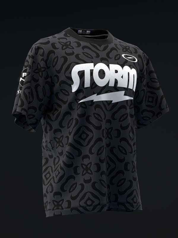 Black bowling jersey with embossed pattern and white Storm logo with lightning bolt