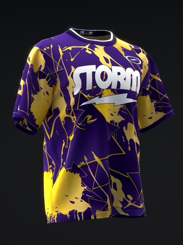 Purple and gold bowling jersey with abstract splatter pattern and Storm logo