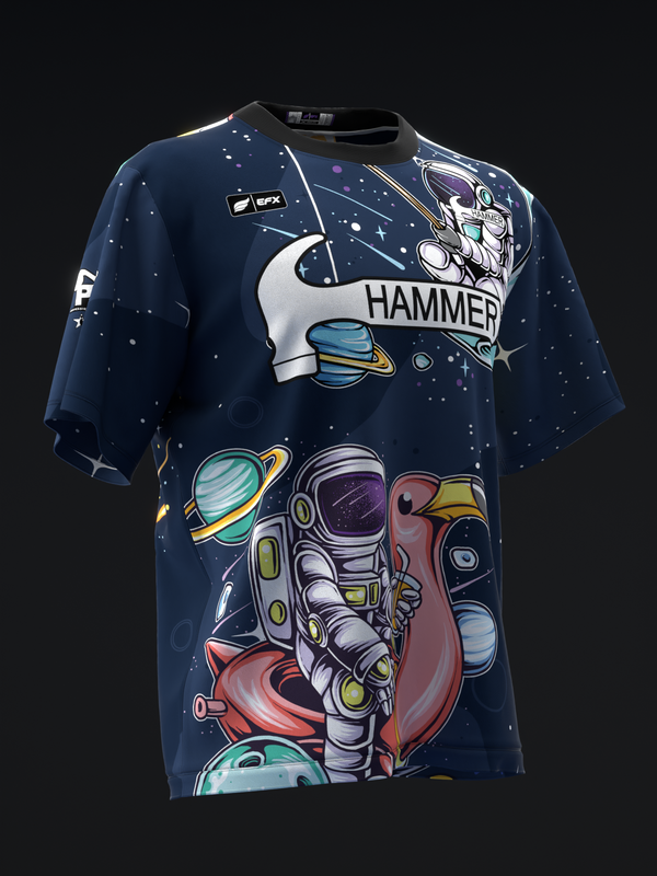 Navy bowling jersey with space-themed graphic of astronaut and planets