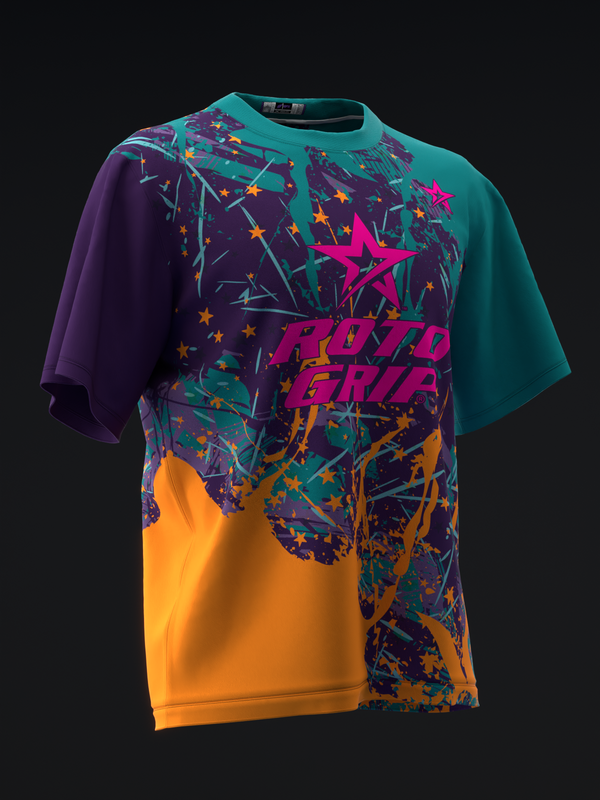 Colorful bowling jersey with abstract star and splatter design on front view