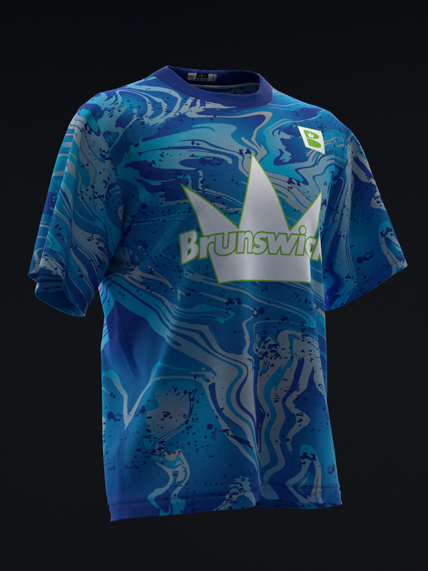 Brunswick bowling jersey with blue liquid marble pattern and white logo on front view
