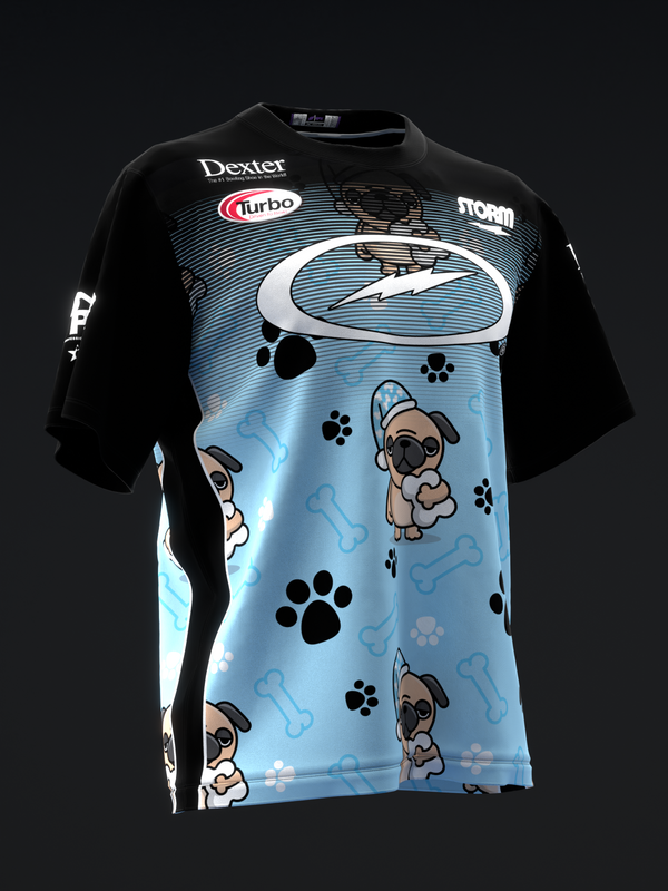 Black and light blue bowling jersey with cartoon pugs and paw prints throughout