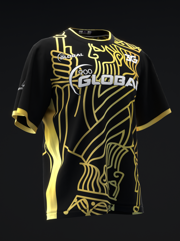 Black bowling jersey with gold abstract graphic design and side stripe detail