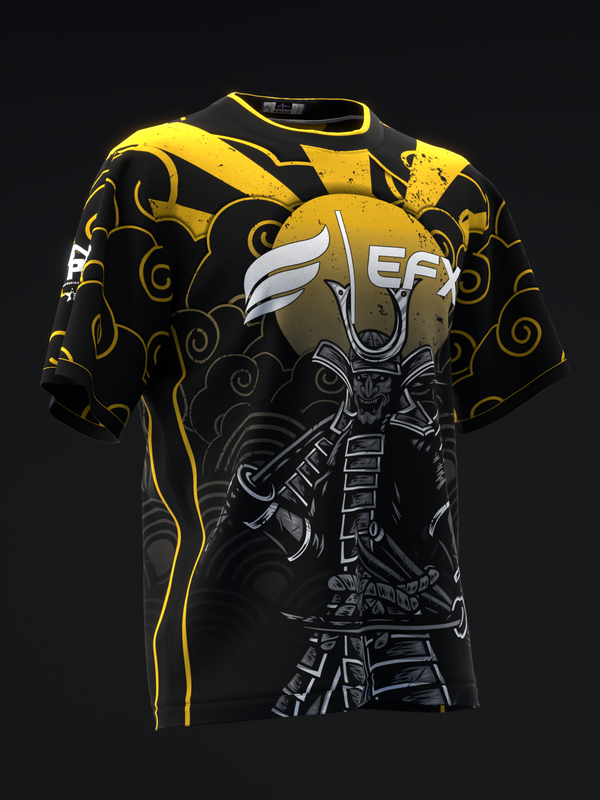 Black bowling jersey with yellow ornamental pattern and samurai graphic on front