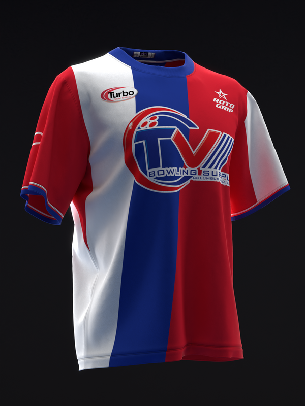 Red, white, and blue striped bowling jersey with circular logo graphic front view