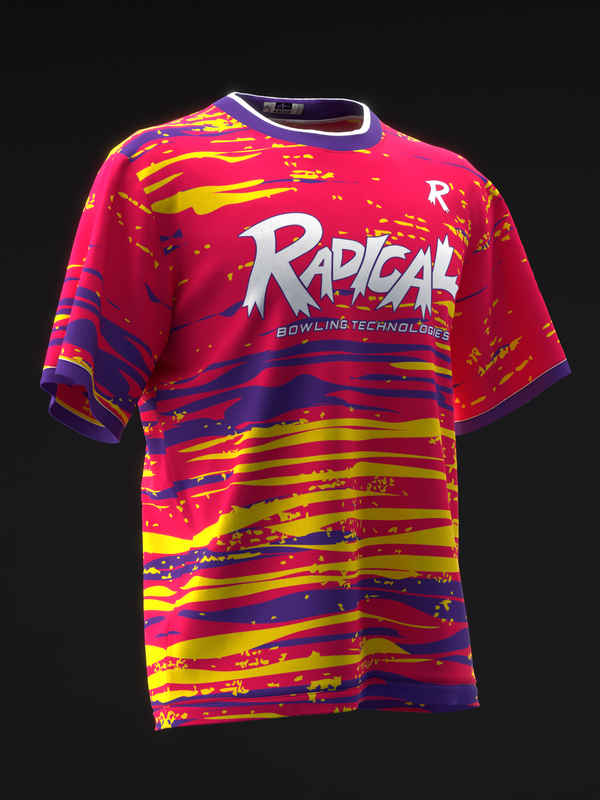 Bright red bowling jersey with yellow, purple, and blue horizontal streaks and Radical logo front view