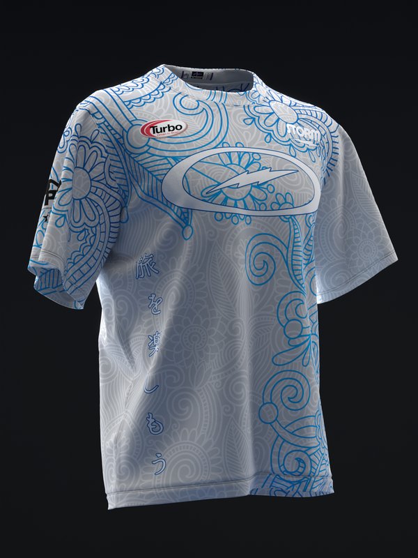White bowling jersey with blue paisley and floral pattern design