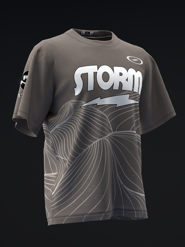 Charcoal bowling jersey with Storm branding and swirling line pattern design