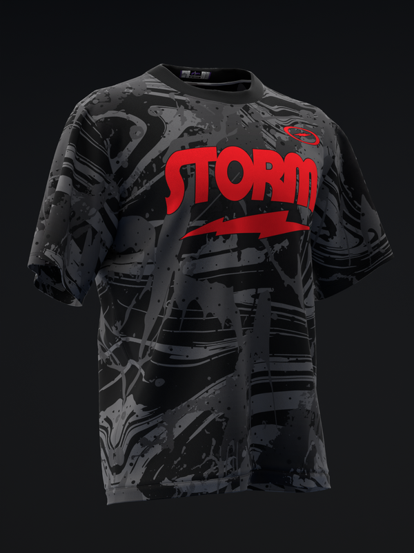 Black bowling jersey with red Storm text and abstract gray splatter pattern throughout