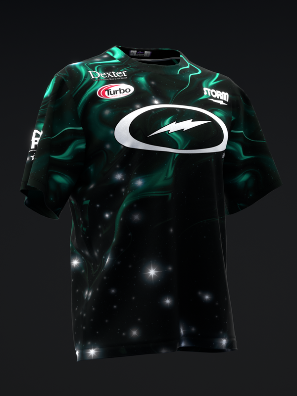 Black bowling jersey with teal accents and white lightning logo graphic