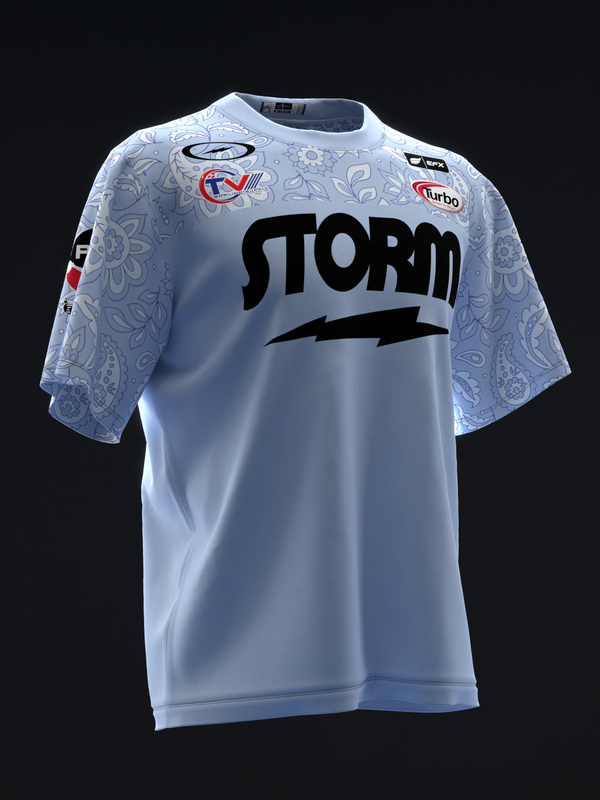 Light blue bowling jersey with Storm logo and paisley pattern sleeves