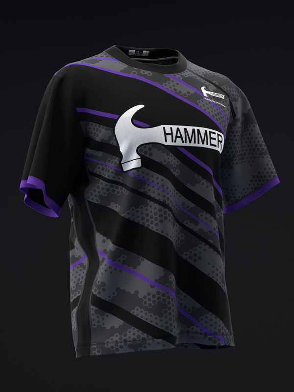 Black bowling jersey with purple accents and white hammer graphic on front