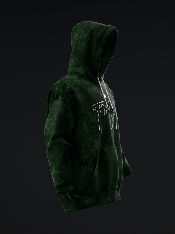 Dark green pullover hoodie with outlined text graphic on side view