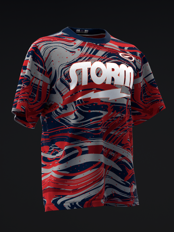 Red, navy, and gray bowling jersey with abstract wavy pattern and white Storm text