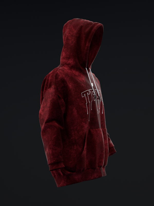 Burgundy pullover hoodie with distressed drip graphic, side view
