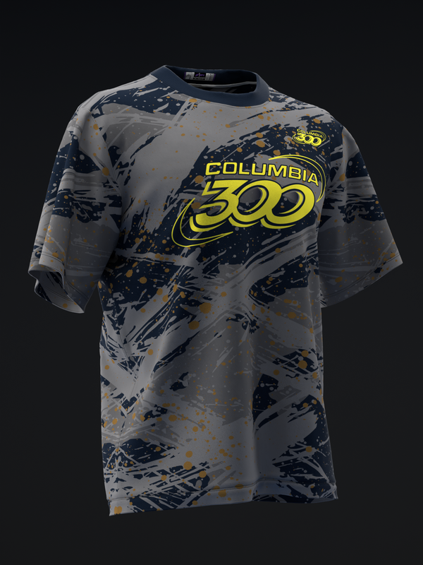 Gray bowling jersey with navy and yellow Columbia 300 logo and splatter pattern