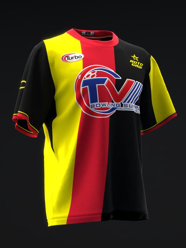 Bowling jersey with red, yellow, and black vertical stripes and TV logo