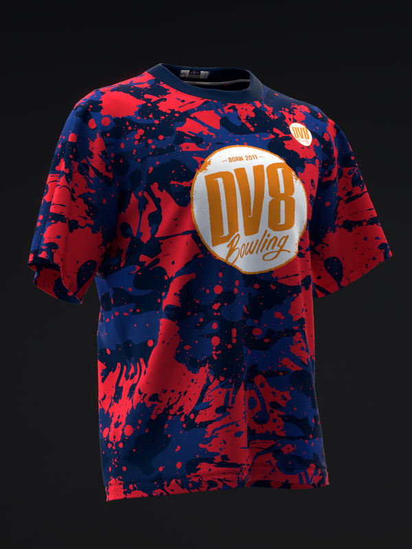 Navy and red splatter pattern bowling jersey with DV8 logo graphic front view