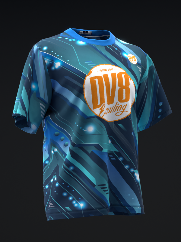 Blue bowling jersey with DV8 logo and futuristic geometric pattern, front view