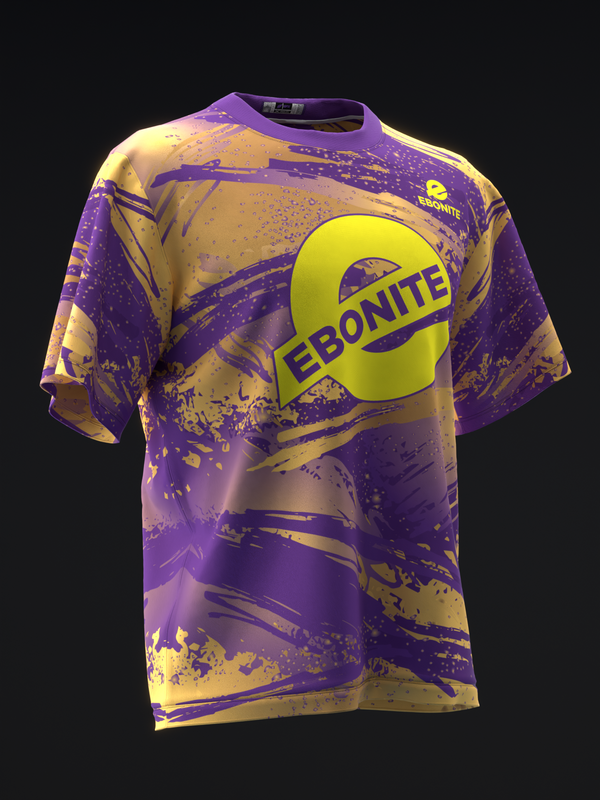 Purple and gold bowling jersey with Ebonite logo and grunge design elements