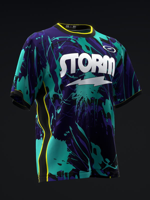 Storm bowling jersey with turquoise and purple abstract splatter pattern and white logo