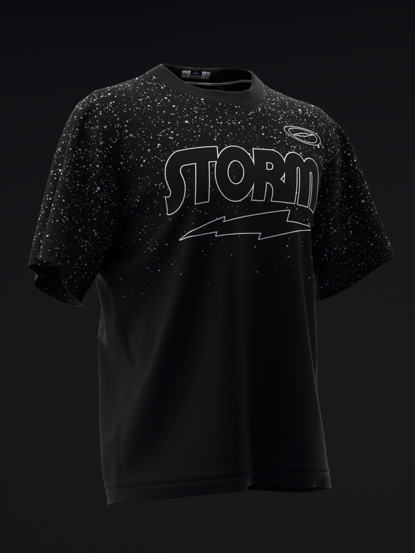 Black bowling jersey with speckled shoulders and outlined Storm logo graphic