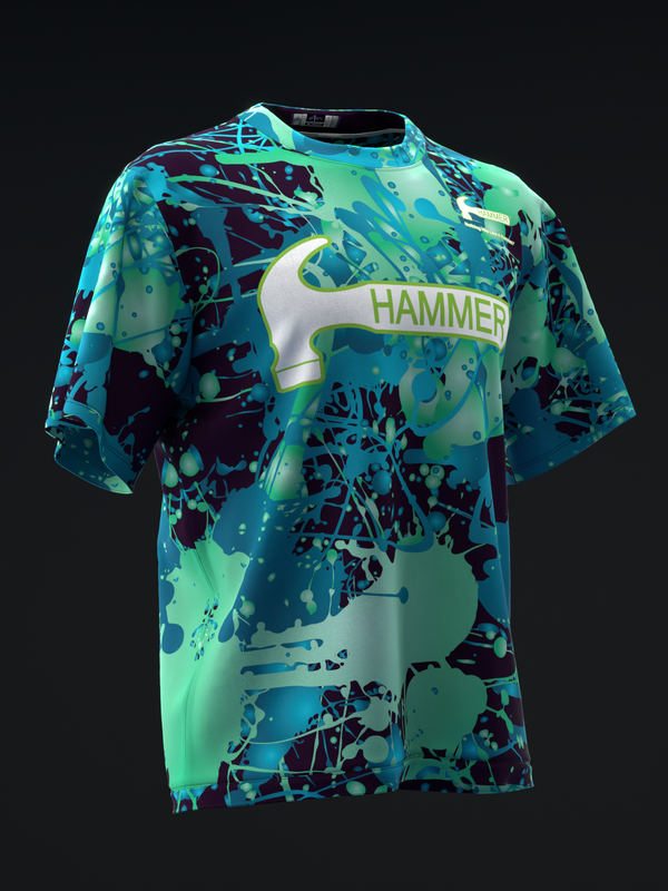Teal and navy bowling jersey with abstract splatter pattern and Hammer text graphic