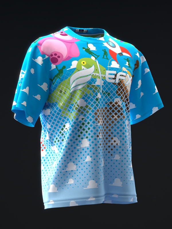 Bright blue bowling jersey with colorful toy characters and cloud pattern throughout