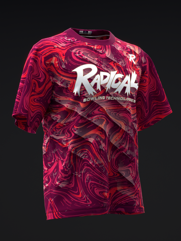 Pink and red swirled bowling jersey with white Radical logo, front view