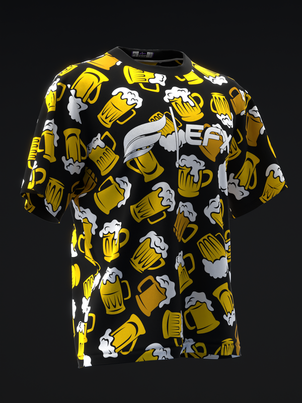Black bowling jersey with yellow beer mugs and white foam pattern, front view