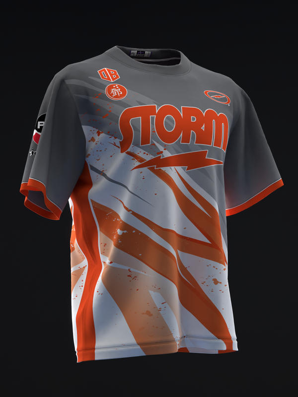 Gray and orange bowling jersey with lightning graphic and Storm text