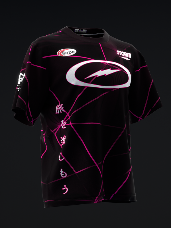Black bowling jersey with magenta lightning bolt and geometric line design, front view