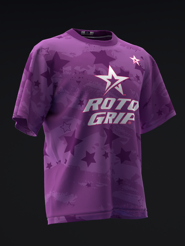 Purple bowling jersey with star pattern and Roto Grip logo, front view