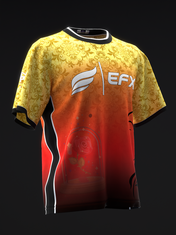 Bowling jersey with yellow damask shoulders fading to red, EFX logo and white piping detail