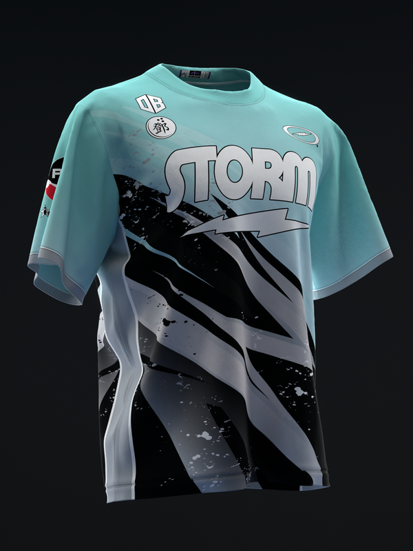 Tiffany blue bowling jersey with black and white lightning strike graphic design