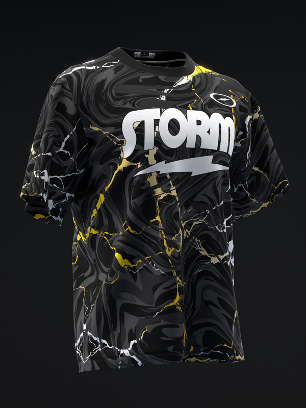 Black bowling jersey with white STORM text and yellow lightning bolt pattern throughout