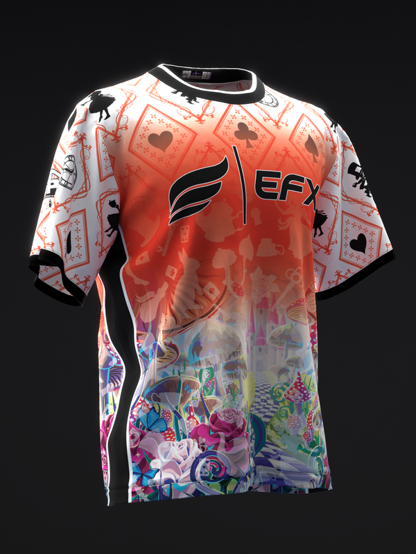 Front view bowling jersey with red gradient, playing cards, and colorful garden graphics