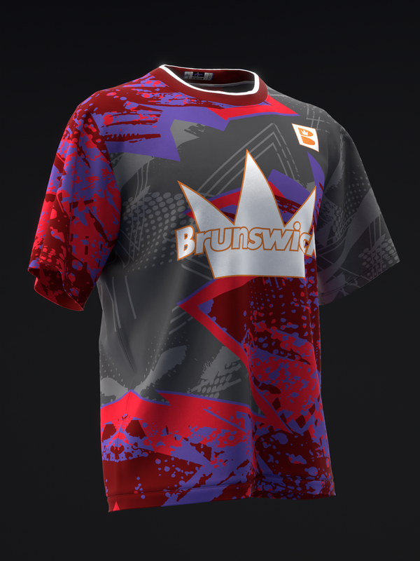 Brunswick bowling jersey front view with red, blue, and black geometric pattern design