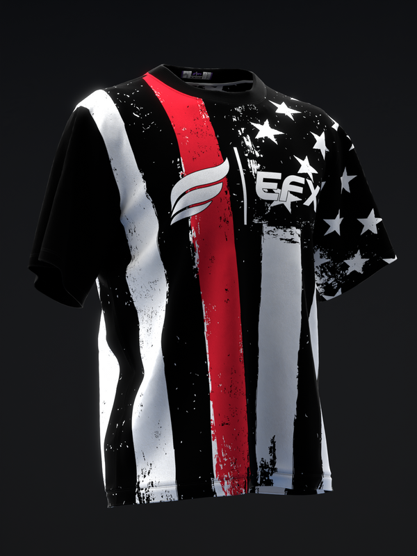 Black bowling jersey with red, white, and black vertical stripes, stars, and EFX logo