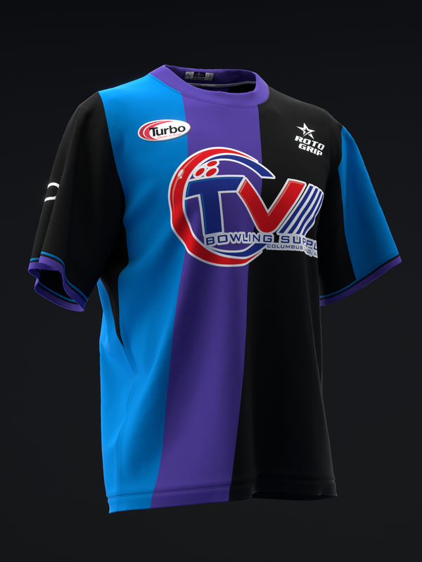 Black, blue, and purple bowling jersey with red and white circular logo graphic front view