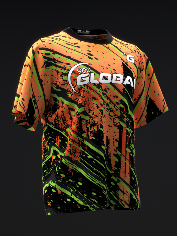 Orange and black bowling jersey with neon green splatter and striped design, front view