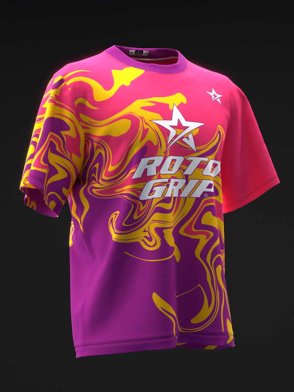 Front view of pink and purple bowling jersey with yellow swirled pattern and Roto Grip star logo