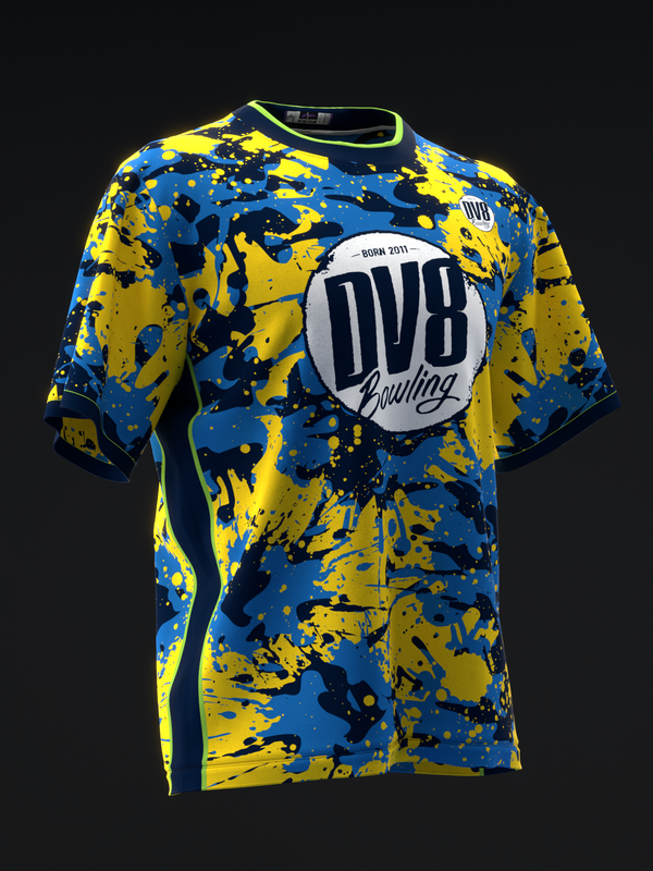 Bowling jersey in yellow, blue and black splatter paint pattern, front view with DV8 logo